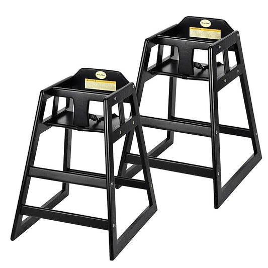 Alpine Wooden High Chairs for Babies and Toddlers with Safety Strap, Commercial Grade Restaurant High Chair, Durable Wood Space Saver Baby Feeding Chair, Ideal for Dining Spaces (2 Pack, Black)