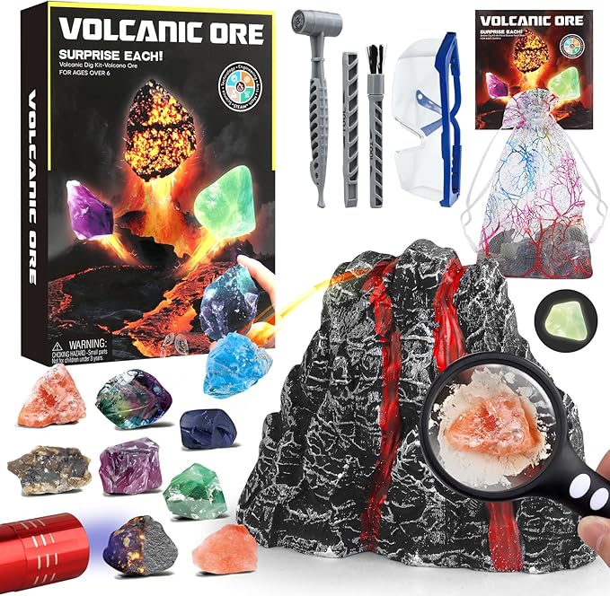 Volcano Dig Kit - 10 Rocks Excavation Kit, Gemstone Rocks for Kids, Fossil Volcano Toys Dig Kits for Rocks Collection, Volcano Toys for Boys Girls 6 and up Year Old Birthday Gifts