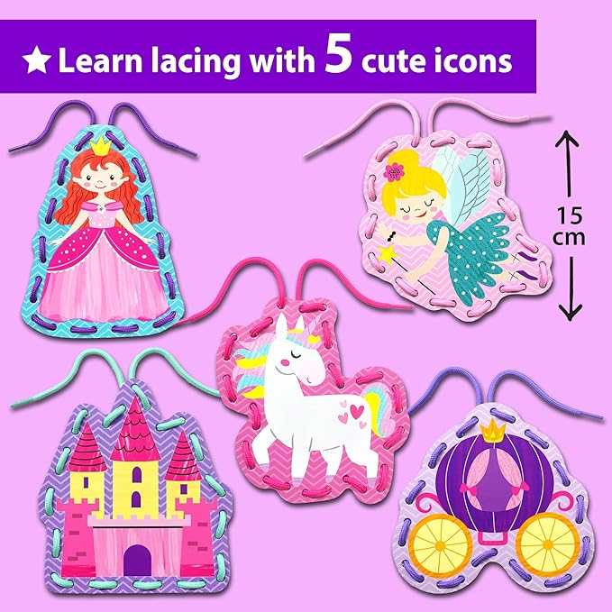 KRAFUN Beginner Unicorn My First Lacing Card Kit for Kids Arts & Crafts, 5 Easy Princess Lacing Projects, Paper Art Craft Cards for Toddlers, Fine Motor Preschool Skills Toys