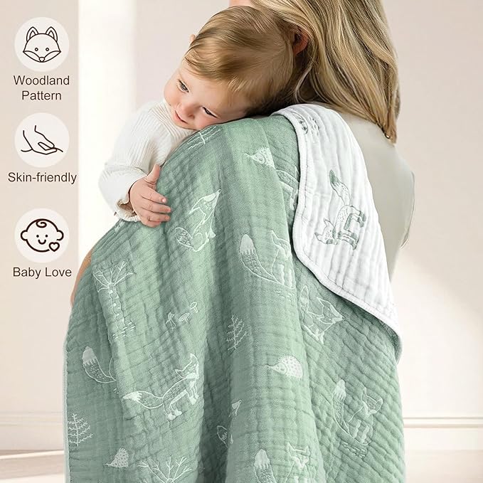 BOPRIO Muslin Baby Blankets for Baby Infant Toddler, 70% Cotton and 30% Rayon with Animal Design Super Soft and Lightweight Nursery Blankets 43 x 43 Inch (Sage Green Fox)