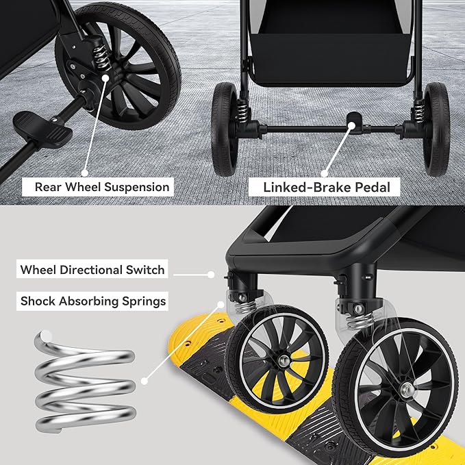 Baby Stroller, 2 in 1 Newborn Stroller Convertible Bassinet for Infant Toddler Pram with Footmuff (Black)