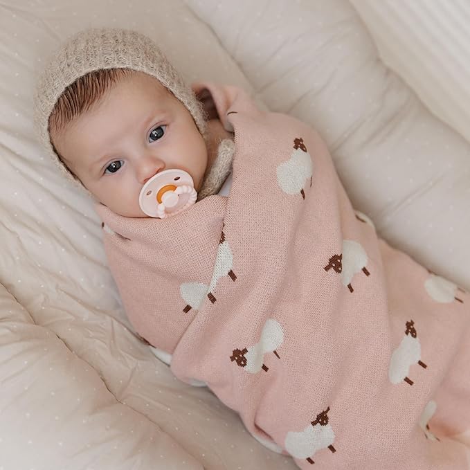 Luxury Knit Baby Receiving Blanket - 100% Cotton Soft Cozy Lightweight Receiving Swaddler Blanket for Shower Gift Registry for Newborns Infants Toddlers (Sheep - Light Pink)
