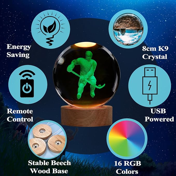 Hockey Night Light, Ice Hockey Gifts, Hockey 3D Crystal Ball Night Light with Remote Upgraded 3.15 Inch Lamps with 16 Color for Birthday Xmas Cool Figurines Gifts for Room Decor Boys Girls