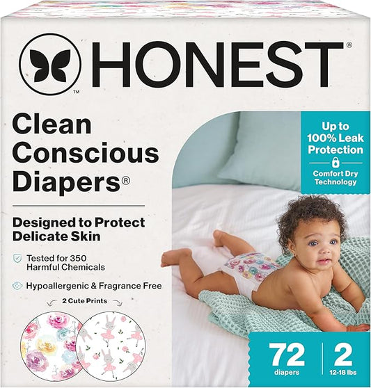 The Honest Company Clean Conscious Diapers for Delicate Skin, Up to 100% Leakproof Hypoallergenic Fragrance-Free Baby Diapers, Girl Prints, Club Box, Size 2 (12–18 lbs), 72 Count (Prints May Vary)