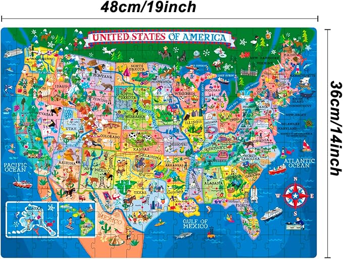 200 Pieces United States Map Jigsaw Puzzle for Kids Ages 4-8, USA Map Puzzle for Kids and Older Floor Puzzles Toddler Geography Educational Toys for Boys, Girls & Adults