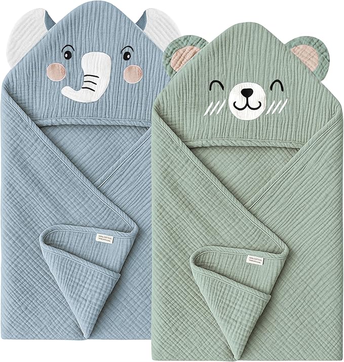 Konssy 2-Pack Muslin Baby Hooded Towels, 100% Cotton, Soft and Absorbent Baby Bath Towels for Newborn, Infant & Toddler with Animal Hooded Design(Elephant & Bear)