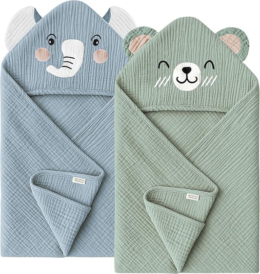 Konssy 2-Pack Muslin Baby Hooded Towels, 100% Cotton, Soft and Absorbent Baby Bath Towels for Newborn, Infant & Toddler with Animal Hooded Design(Elephant & Bear)