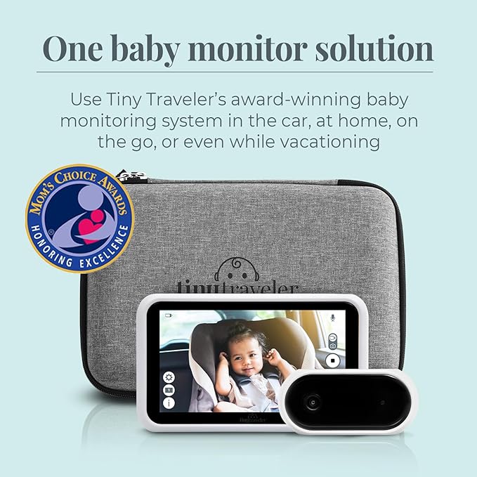 Tiny Traveler Baby Monitor Portable Baby Car Camera with Add-On Camera & Travel Kit, Night Vision HD 720p 5" Touchscreen, Battery Powered, Split-Screen, Travel Pouch Included - White