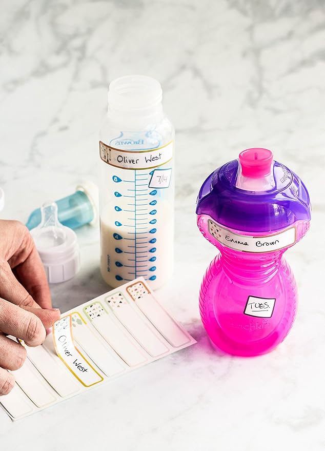 Bottle Labels, Write-On Name, Self-Laminating, Waterproof, Baby Bottle Label for Daycare, Made in The USA (Playful Patterns Set of 2)