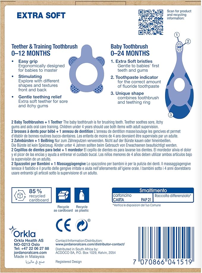 Jordan* ® | Step 0 Teether & Training Toothbrush | BPA-Free, Hygienic, 2-in-1 Teething & Early Brushing Solution for Babies | Pink | 1 Teether + 2 Step 1 Baby Toothbrush