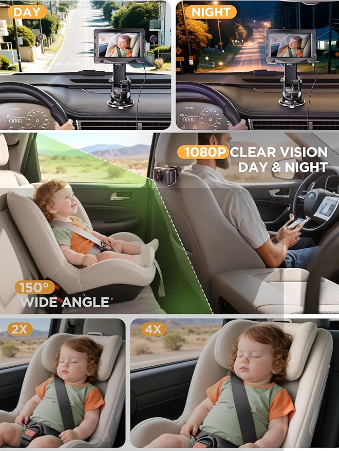 Wireless Baby car Camera - 40 Hours Battery Life& 940mn Night Vision, 4.3'' HD Car Baby Monitor - 1080P Video & 360° Adjustable, Rear Facing Back Seat Camera - Essentials for Newborn Families