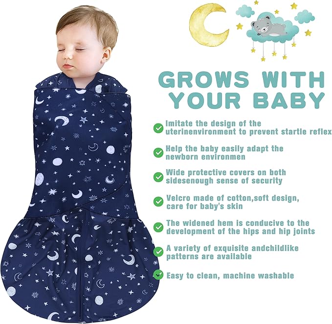 Newborn Sleep Sack Baby Swaddle,Swaddle me 6-12 Month,3-Way Adjustable Wearable Blanket,100% Rayon Cotton Swaddling Sleeping Bag，TOG 0.5 (Starry Sky, 6-12 Months)