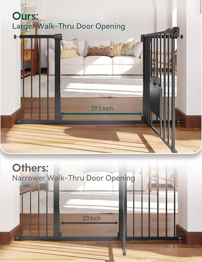 Babelio 36-56" Extra Wide Auto Close Baby Gate with Cat Door, Pet Gate Indoor with Extra Wide Walk Thru Door, Metal Dog Gate for Doorway, Stairs, Includes 4 Wall Cups and 3 Extension Pieces, Black