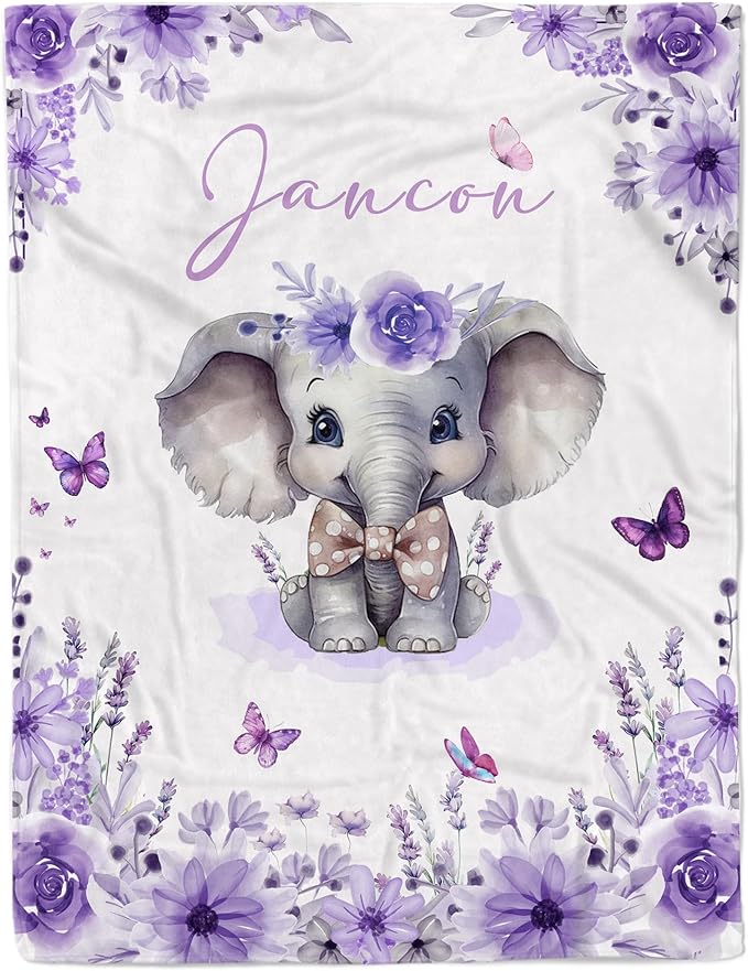 Custom Baby Blanket with Name Personalized Baby Name Blankets for Girls Customized Elephant Blanket for Baby Shower Birthday Christmas Newborn Gifts