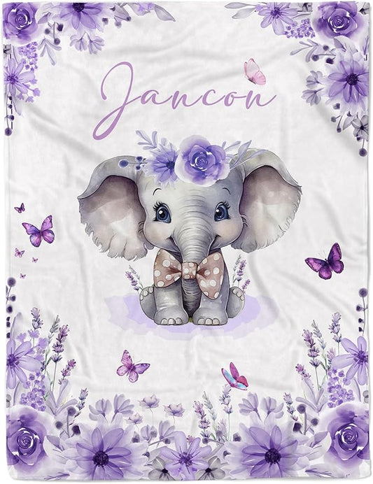 Custom Baby Blanket with Name Personalized Baby Name Blankets for Girls Customized Elephant Blanket for Baby Shower Birthday Christmas Newborn Gifts