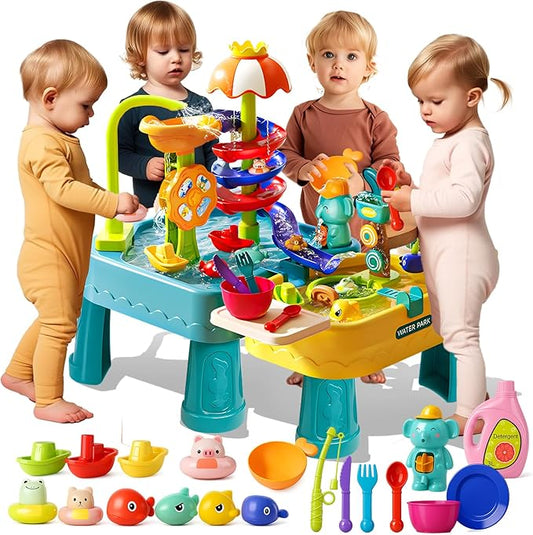 Water Table for Toddlers 1-3, 4-in-1 Outdoor Sand and Water Play Tables with Pump, Summer Kitchen Sink Toy with Fishing Game, Floating Boat, Sensory Gifts for Kids Ages 3-8