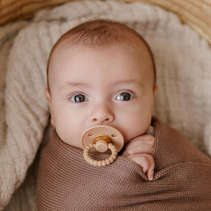 Luladream Pacifier and Clip Set - Natural Rubber Nipple - Soft Teething Handle - for Infants Baby's and Toddlers, 0-18 Months (Camel + Cream + Clips)