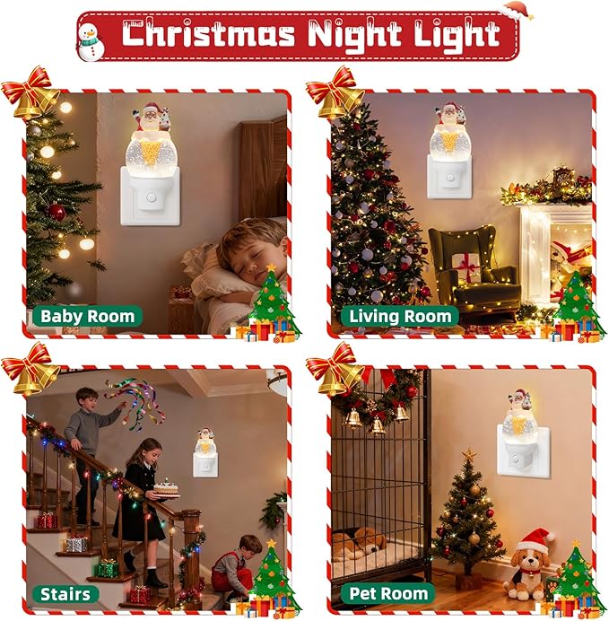 Christmas Night Light Plug into Wall Swirling Glitter USB Portable Christmas Decorative Night Light Decoration for Kids Adults Bedroom Kitchen Living Room Holiday Decor (Santa Cookie Cones)