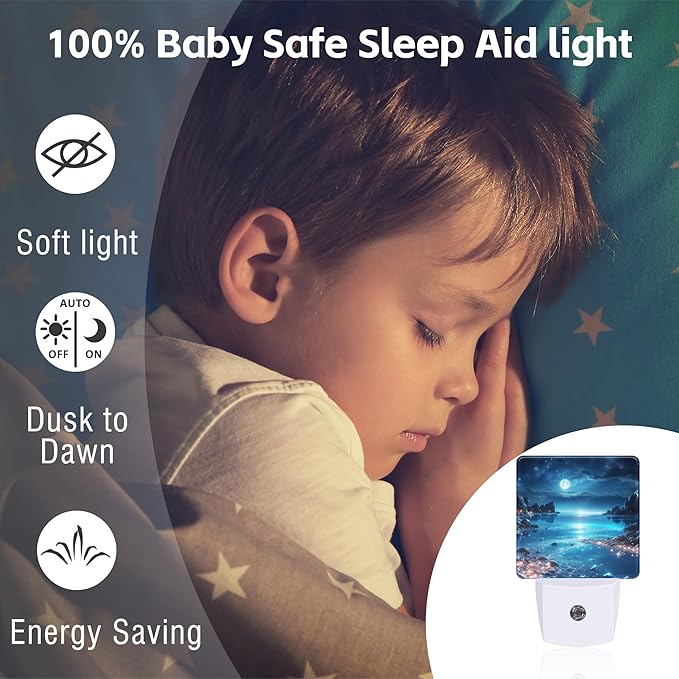 Full Moon and Sparkling Lake Night Light Plug into Wall, Magical Beach Dusk to Dawn Night Light, 0.5w Energy Saving Sleep Friendly Nightlights for Kids Boys Girls Home Decor