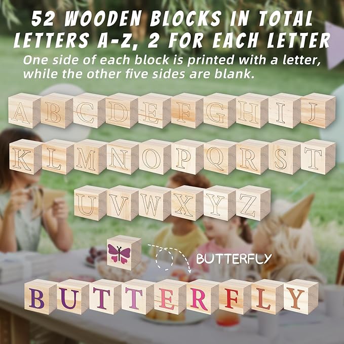 117 Pcs Baby Shower Blocks to Decorate Game Kit Includes 52 Wooden Blocks 24 Markers 1 Game Sign 40 Templates to Paint (Kraft)