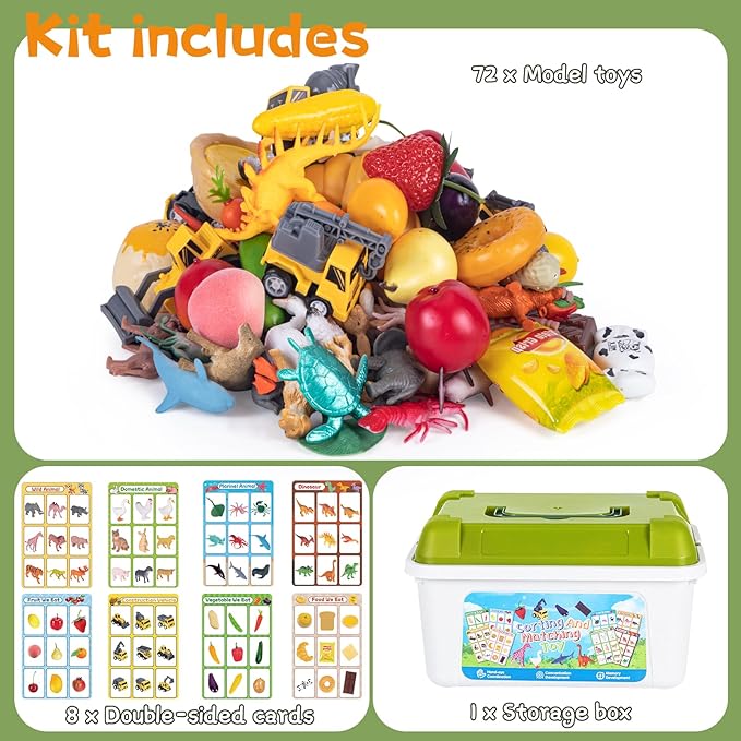 Sorting Toy for Toddlers, Preschool Learning Activities, Animals Dinosaurs Fishes Farm Vehicles Fruits Vegetables Foods Playset, Fine Motor Montessori Games Gifts for Kids 3+