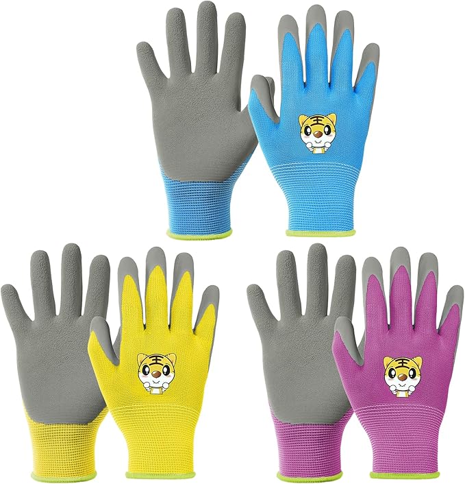 OSDUE Kids Gardening Gloves, 3 Pairs Gardening and DIY Gloves, Non-Slip Breathable Comfortable Safety Kid Suitable for Kids Under 5 Years Old Rubber Palm, Waterproof and Dustproof