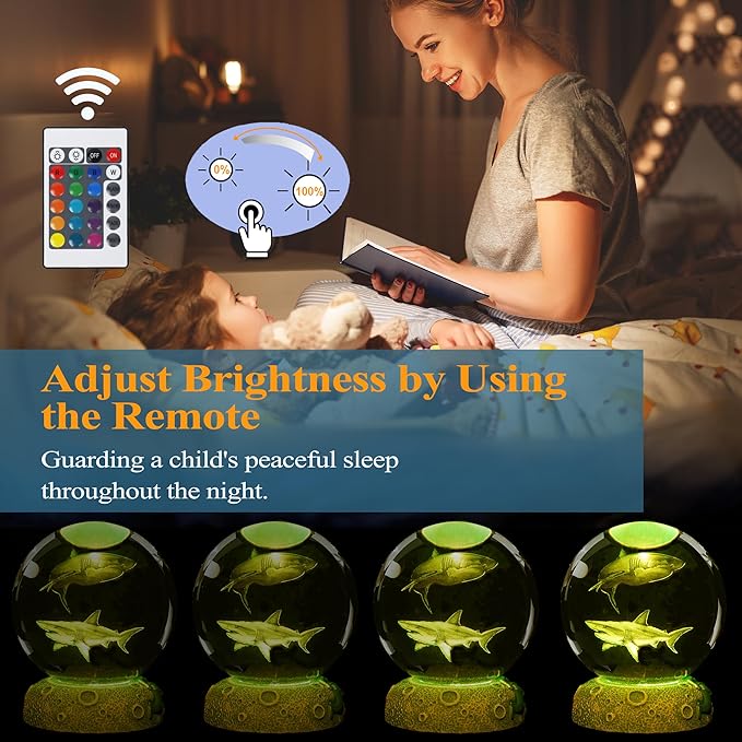 Shark Night Light, 3D Crystal Ball Shark Lamp, Underwater Gifts with 16 Color Remote Upgraded 3.15 Inch Ball for Room Decor Boys Girls Birthday Xmas Cool Figurines Gifts