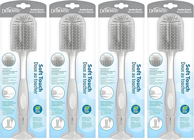 Dr. Brown's Soft Touch No Scratch Baby Bottle Cleaning Brush, Nipple Cleaner & Suction Cup Base for Easy Storage, BPA Free, Gray (Pack of 4)