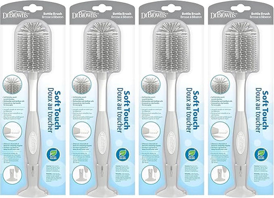 Dr. Brown's Soft Touch No Scratch Baby Bottle Cleaning Brush, Nipple Cleaner & Suction Cup Base for Easy Storage, BPA Free, Gray (Pack of 4)