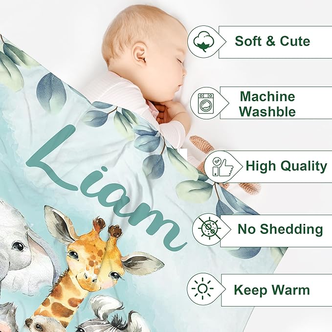 J&SBGFT Personalized Baby Blanket for Boys,Custom Baby Blanket with Name, Customized Name Blanket Receiving Blankets for Toddlers Kids Nursery Stroller Crib Decor Throw,Safari Animal Forest
