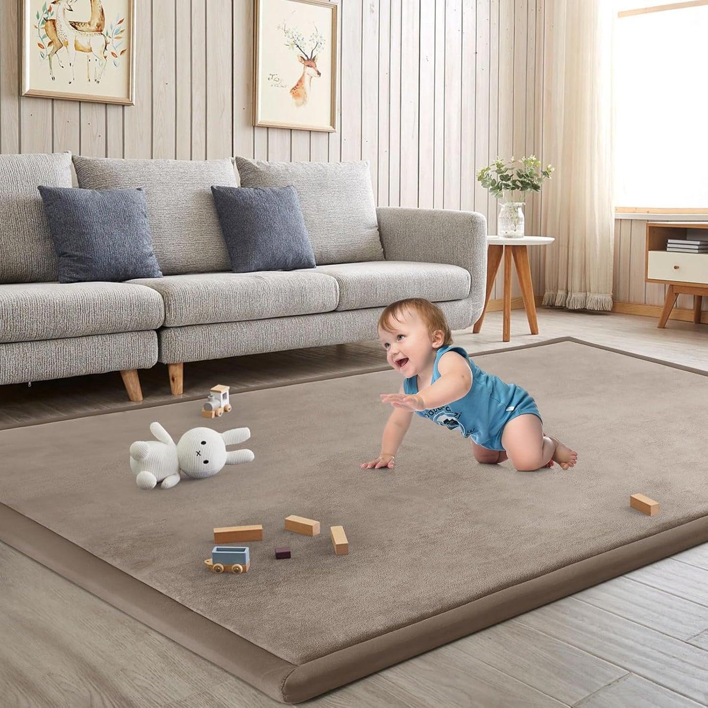 Baby Play Mat for Floor Tummy Time Mat Nursery Rug Muscle Mat Area Rug Playroom Rug Tatami Mat 6'7"x4'11" Memory Foam 1.3" Thick Crawling Mat For Babies,Toddlers, Infants, Kids,Floor Mat(Brown)