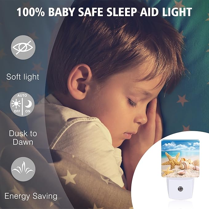 Starfish Seashells Beach Night Lights Plug into Wall for Girls Boys Room, Night Lights LED Lamp with Dusk to Dawn Sensor Nightlight for Bedroom Kitchen Bathroom Hallway Home Wall Decor