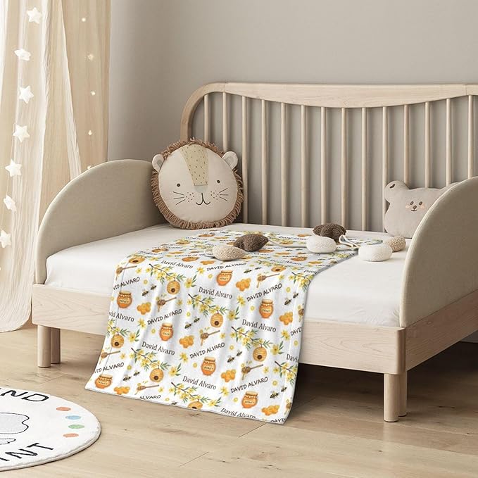 Ship Next Day, Personalized Baby Blanket for Boys Girls - Printed in USA, Custom Name Toddler Blanket with Honey Pattern, Perfect Newborn Gift