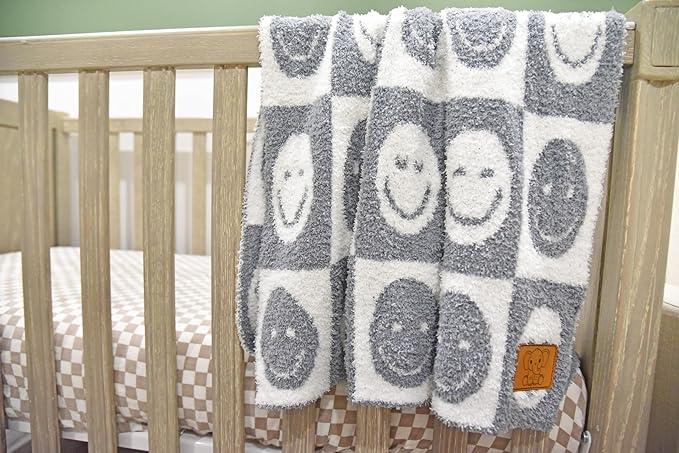 Checkered Smiley Face Baby Blanket 28"x40" - DreamSoft Knit Throw for Crib, Stroller or Car Seat - Receiving Blanket/Newborn Nursery Gift Essential for Toddler, Infant, Kids, Boys & Girls (Gray/White)
