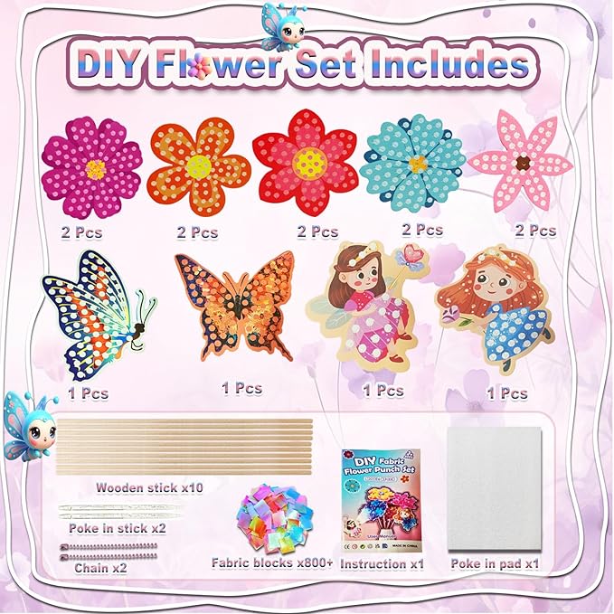 mom&myaboys Flower Bouquet Poke in Kit for Kids - Wooden DIY Craft Set Ages 4-9, No Glue Mess-Free Creative Activity, Fun Arts & Crafts Gift for Girls Boys, Preschool Classroom Birthday Party