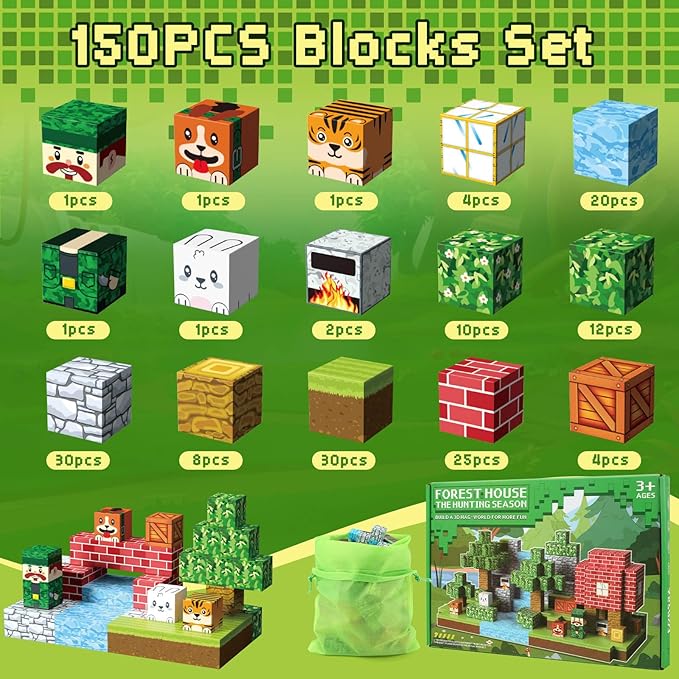 Magnetic Blocks, 150PCS Magnetic Building Blocks Cubes Open-Ended Building Toys with Storage Bag, STEM Montessori Toys for Kids, Christmas Birthday Gifts for 3 4 5 6 7 8+ Year Old