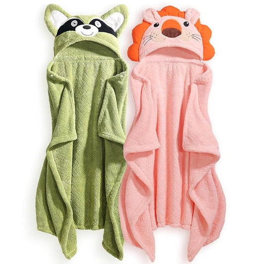 2-Pack Animal Hooded Bath Towels for Babies & Kids 0-6 Years, 50x32 Inch Ultra Soft Coral Fleece Baby Towel Set, Super Absorbent, Bath Time Essentials with Cute Animal Ears, Gift Ready