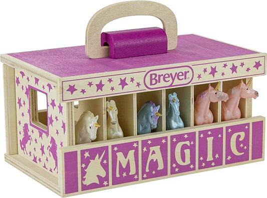 Breyer Unicorn Magic Wooden Carry Stable Playset with 6 Unicorns – Unicorn Gifts for Girls | Toys for Kids Ages 4–8 | Hand-Painted Horses in Carrying Case | Imaginative Play Set