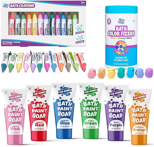 Tub Works® My Colorful Bath™ Kids Bath Set | Nontoxic | Fizzy Bath Color Tablets (150 Count), Smooth™ Bath Crayons (12 Pack) & Bath Paint Soap (6 Pack) | Creative Bath Toys for Toddlers & Kids