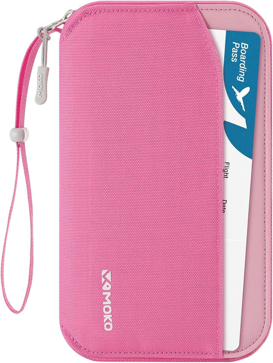 MoKo Passport Holder Family for Men and Women, RFID Travel Passport Wallet with Multiple Compartments, Travel Document Organzier for Cards, ID, Tickets, Keys, Pink
