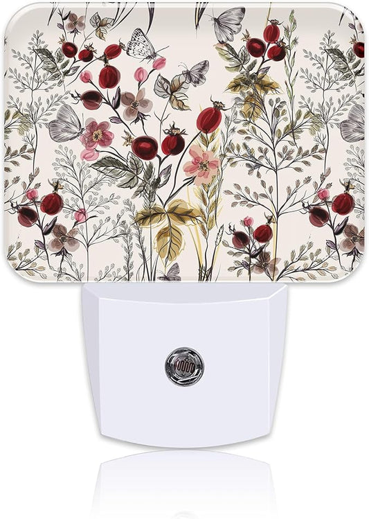 Vintage Flowers Plants Night Light, Butterfly Nightlight Plug into Wall with Dusk to Dawn Sensor for Kid Girls Boys Women Men Bedroom, Hallway, Kitchen, Bathroom, Stairs Decor