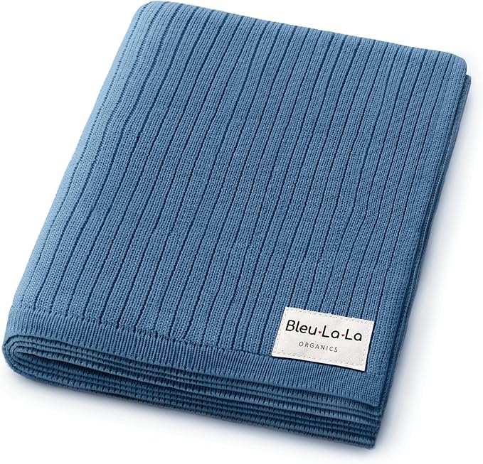 Organic Ribbed Swaddle Blanket for Boys & Girls - 100% Luxury Organic Soft Cotton Knit Warm Cozy Cuddle Stroller Blanket for Newborns, Infants, & Toddlers (Denim Blue)