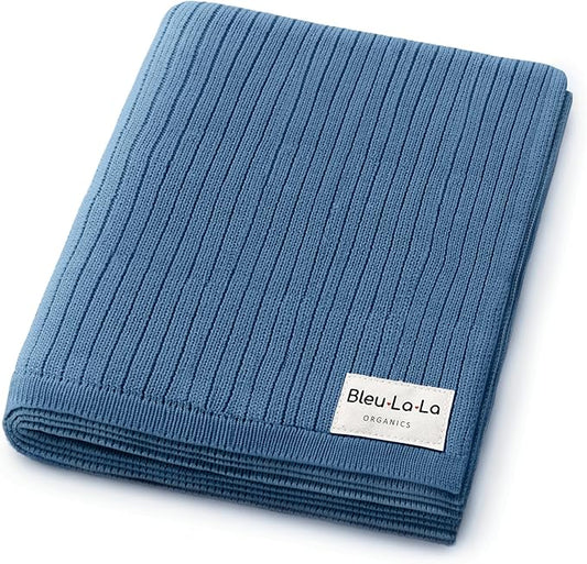 Organic Ribbed Swaddle Blanket for Boys & Girls - 100% Luxury Organic Soft Cotton Knit Warm Cozy Cuddle Stroller Blanket for Newborns, Infants, & Toddlers (Denim Blue)