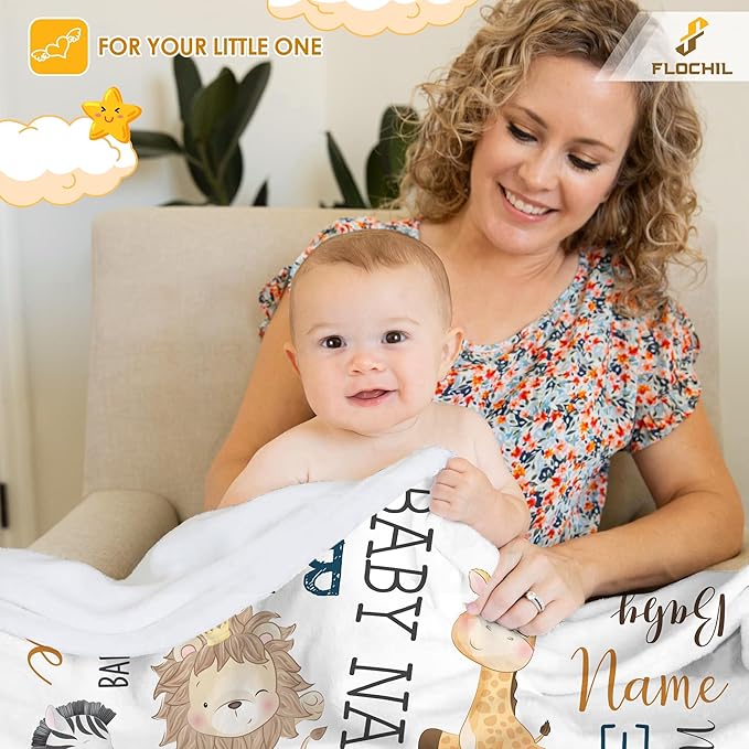FLOCHIL Personalized Baby Blankets, Custom Baby Blanket - Baby Blanket with Name for Boys, Best Gift for Newborn Elephants Flush Fleece (30x40) (Monogram)