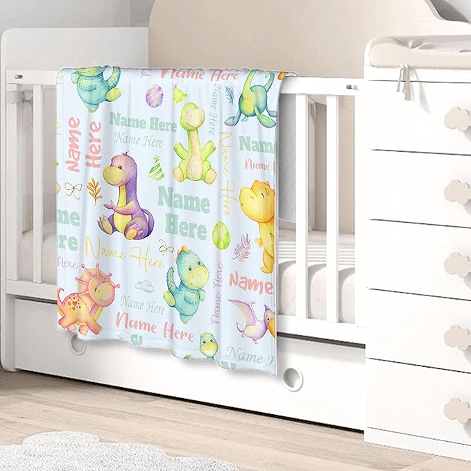 Personalized Baby Blanket for Girls Boys Dinosaur Custom Baby Blanket with Name Swaddle Blanket for Toddlers Infants Kids Shower Newborns Nursery Stroller Crib Decor Throw Birthday Gift