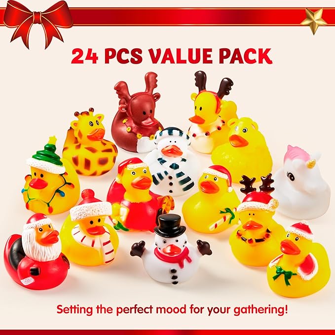 JOYIN 24 PCS Christmas Ducks for Stocking Stuffers, Xmas Rubber Duck Bath Toys for Kids Gift, Party Favor Novelty Duckies for Boys, Girls and Toddlers