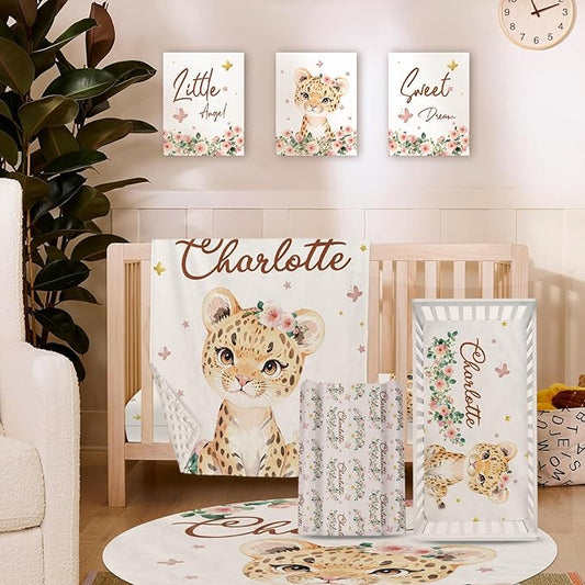 Personalized Nursery Crib Bedding Set: Custom Name 5 Piece Baby Crib Sets with Floral Leopard Design - Toddler Double Layer Blanket Set, Comfortable Crib Bed Sheets for Baby Grils