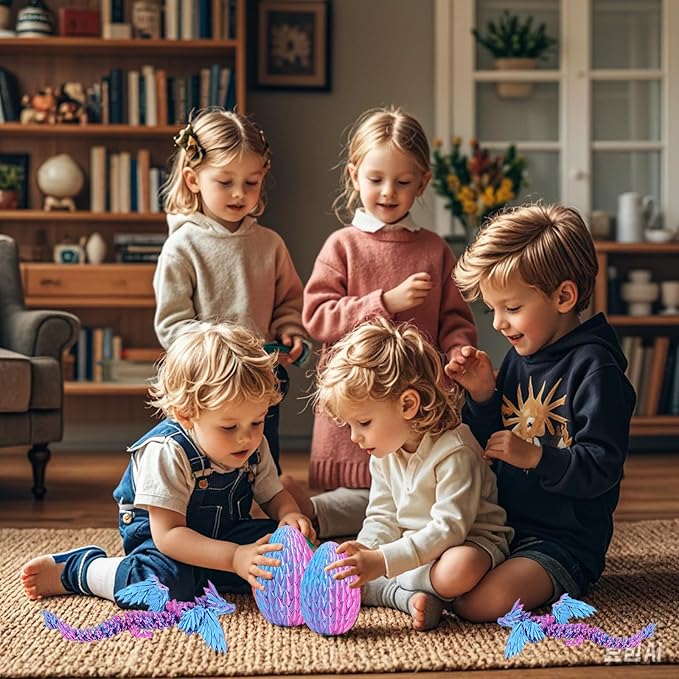 3D Printed Dragon Eggs with Articulated Fly Dragon Inside, Collectible Figurines Fidget Toy for Adults Kids Birthday Easter Christmas White Elephant Gifts for Friends Colleagues(Blue Pink, M size)