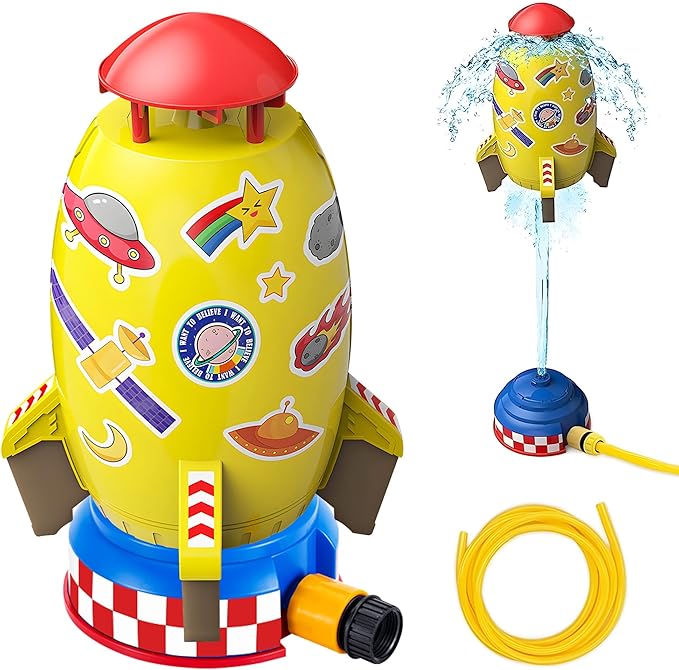 Water Rocket Sprinkler for Kids, Outdoor Sprinkler Rocket Launcher Toy for Backyard, Summer Water Toys for Kids Ages 3-12, Fun Water Powered Rocket Toy (Yellow-3)
