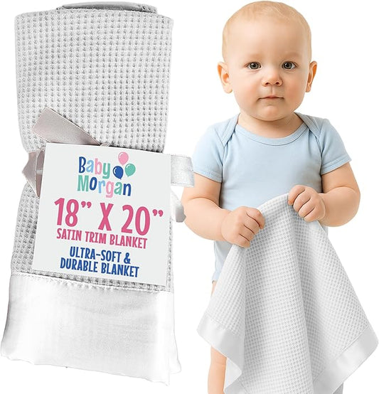 Thermal Waffle Knit Baby Blanket - Soft Breathable Mini Blanket for Newborns and Infants - Toddler Blankey for Strollers, Travel, Naptime, Nursery and More - 18" x 20" (White, Satin Trim)
